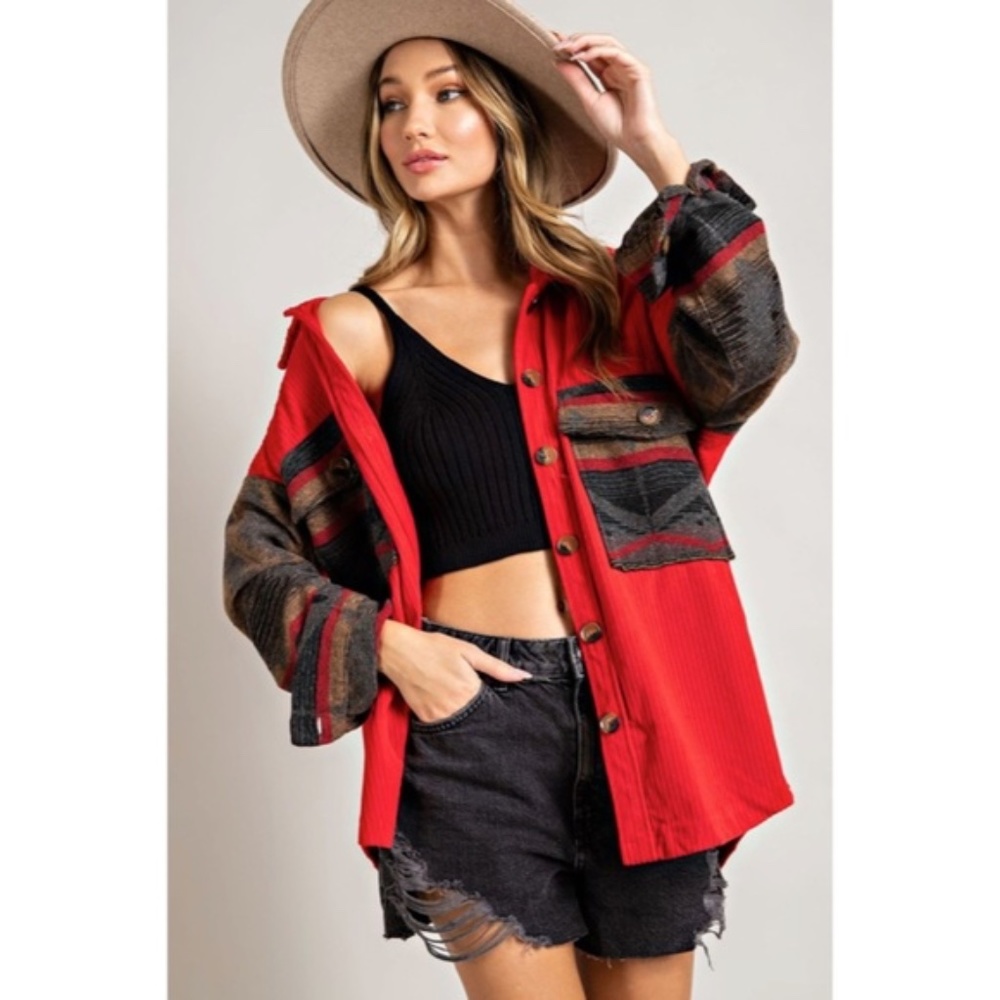 Red Corduroy Aztec Tribal Western Printed Shacket Shirt Jacket - Picture 2 of 6